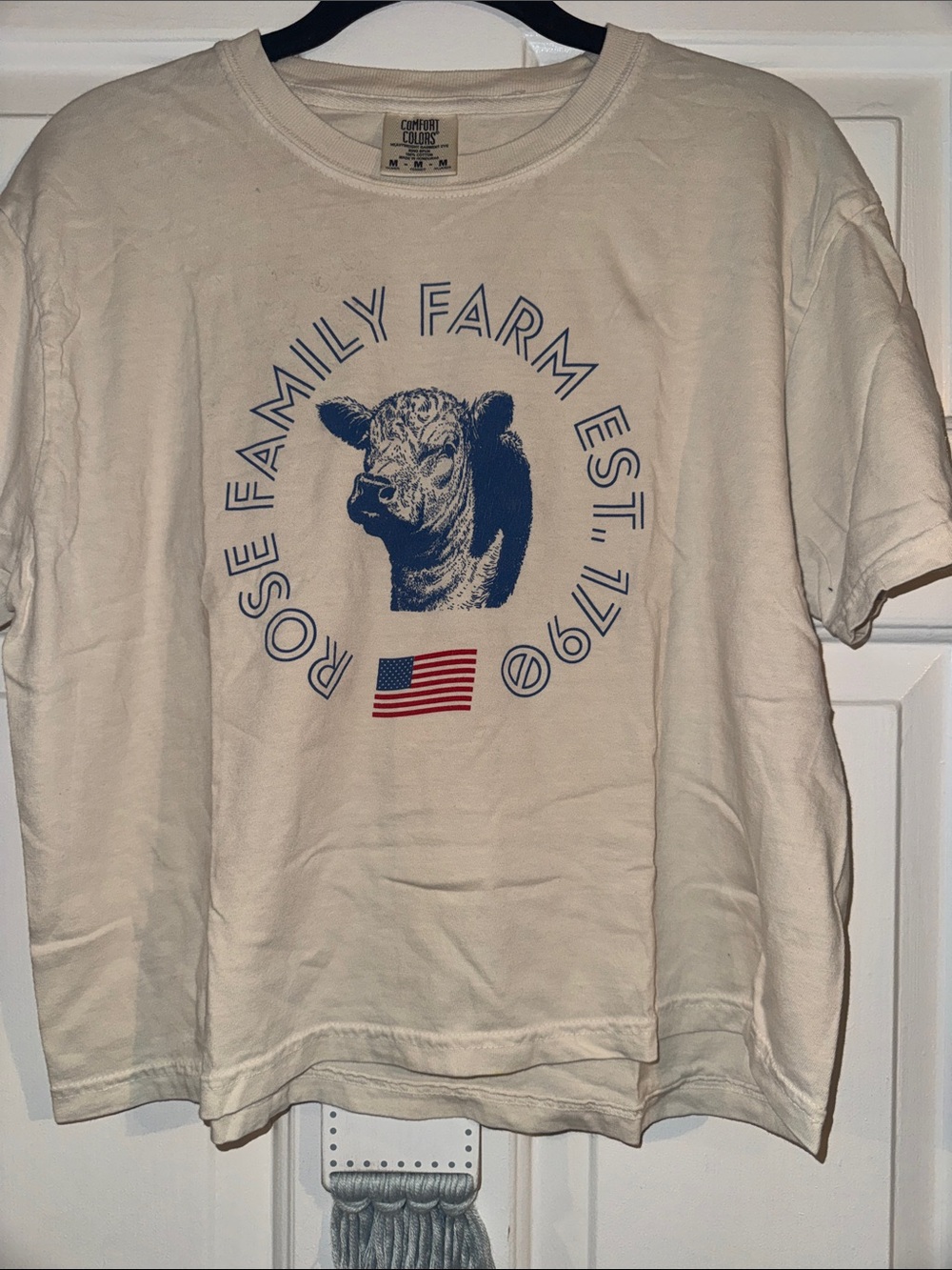 Comfort Colors cropped Cream Tee with Navy Farm Graphic and Red Flag